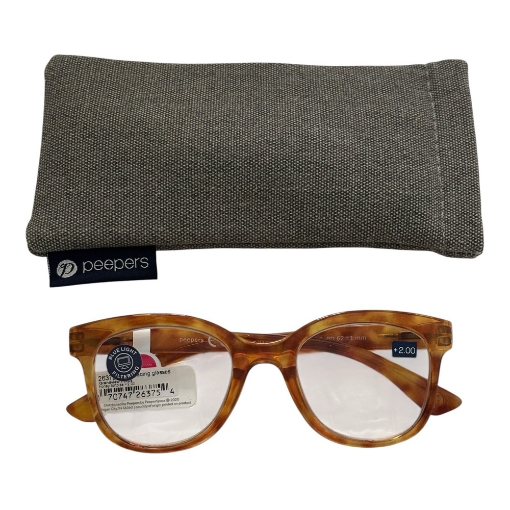 Peepers Grandview Focus Readers +2.00 Blue Light Filtering Honey Tortoise Square